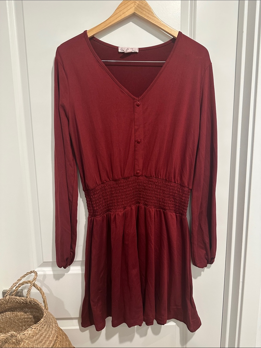 Long-Sleeve Burgundy Smocked-Waist Dress